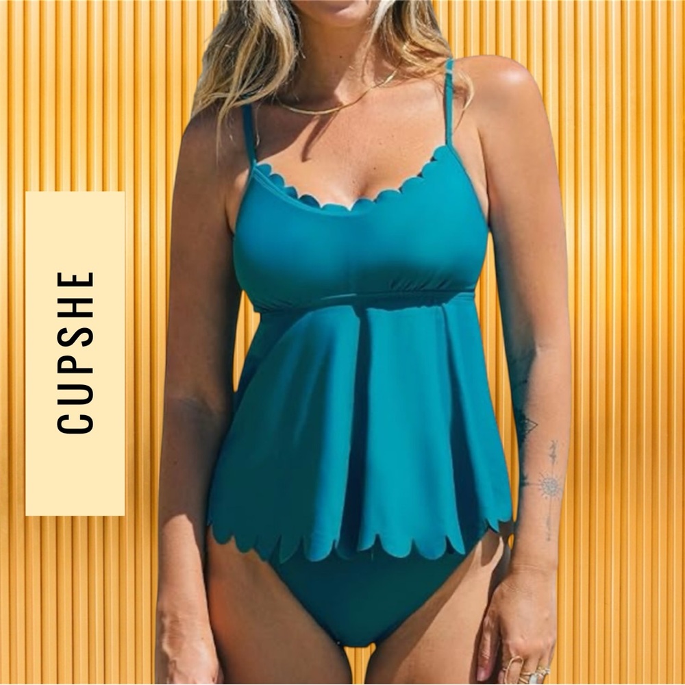 Cupshe Teal Blue Tankini Flowing Scallop Edge Modest Swimsuit M NWT